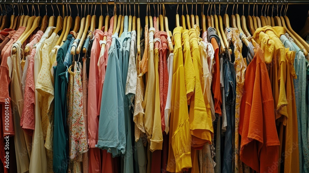 Vibrant Clothing Rack Display of Diverse Fashion Styles and Seasons Vibrant Clothing Rack Display of Diverse Fashion Styles and Seasons