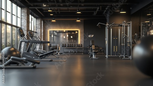 Modern gym interior with exercise equipment and spacious layout for fitness activities.