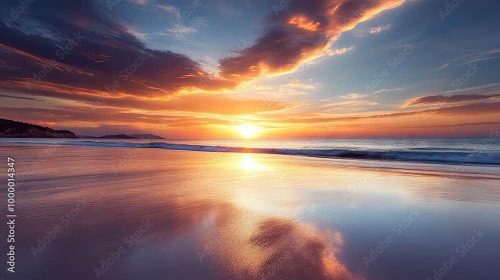 Fototapeta premium A stunning sunset over a tranquil beach, with the sun dipping below the horizon and plenty of open sky for text.