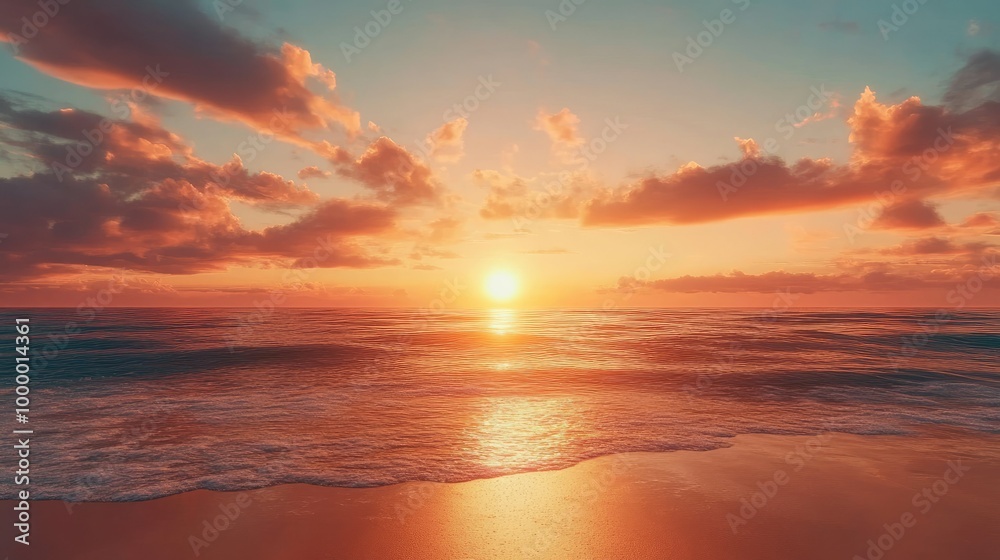 A stunning sunset over a tranquil beach, with the sun dipping below the horizon and plenty of open sky for text. A stunning sunset over a tranquil beach, with the sun dipping below the horizon and plenty of open sky for text.