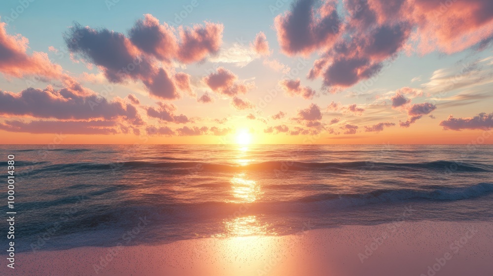 Fototapeta premium A stunning sunset over a tranquil beach, with the sun dipping below the horizon and plenty of open sky for text.