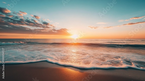 A stunning sunset over a tranquil beach, with the sun dipping below the horizon and plenty of open sky for text.