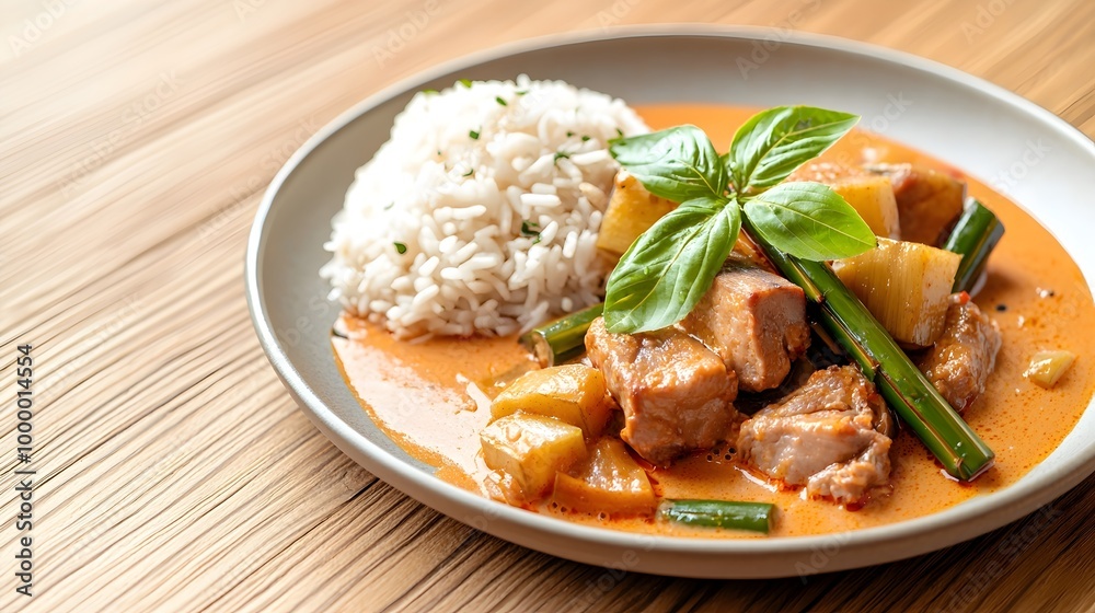 Deliciously Spicy Red Curry with Pork and Bamboo Shoots - Captivating Thai Cuisine Presentation on Minimalistic Wood Table Deliciously Spicy Red Curry with Pork and Bamboo Shoots - Captivating Thai Cuisine Presentation on Minimalistic Wood Table
