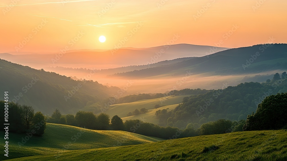 Fototapeta premium A sun rising over rolling hills with a soft-focus foreground, providing plenty of space for copy.