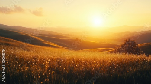 A sun rising over rolling hills with a soft-focus foreground, providing plenty of space for copy.