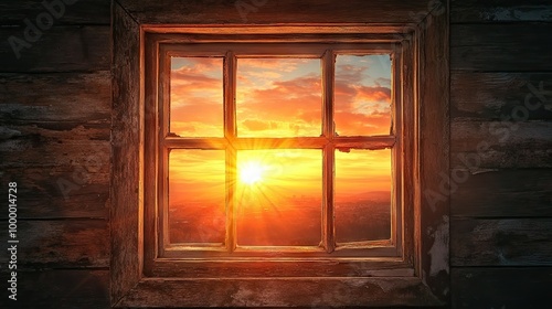 A sunset view through a rustic window frame, with the sun and sky visible and plenty of space for text.