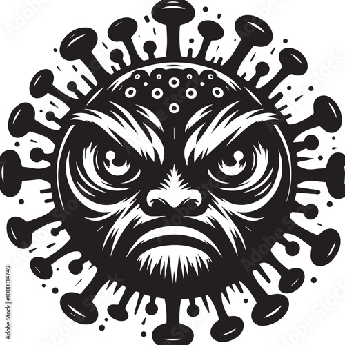 Artistic depiction of angry anthropomorphic virus furious eyes vector illustration silhouette