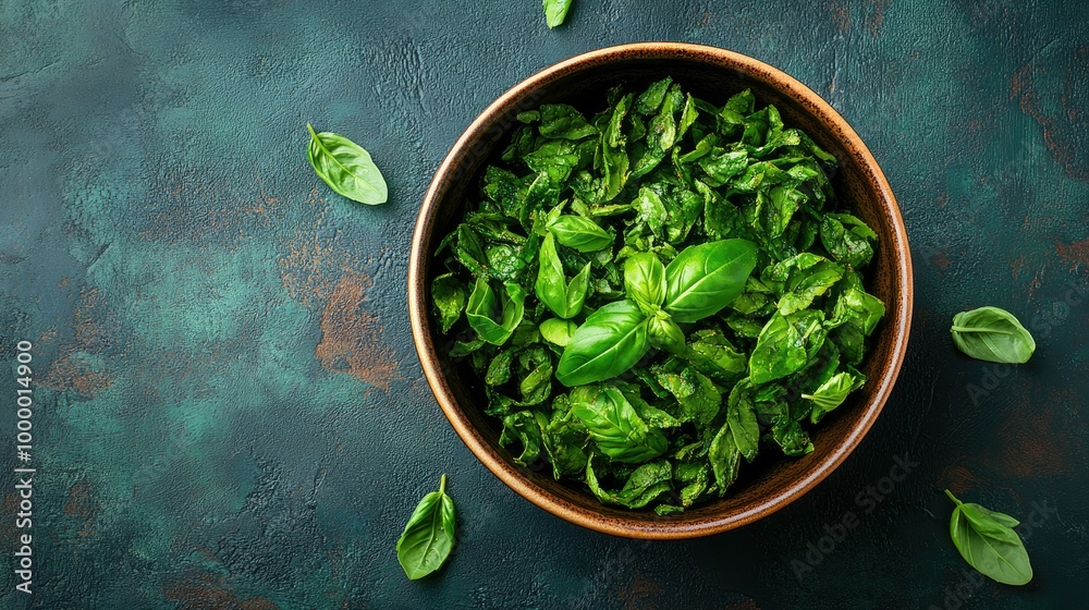 A top view of a bowl filled with crispy fried basil, with ample space around for text. A top view of a bowl filled with crispy fried basil, with ample space around for text.