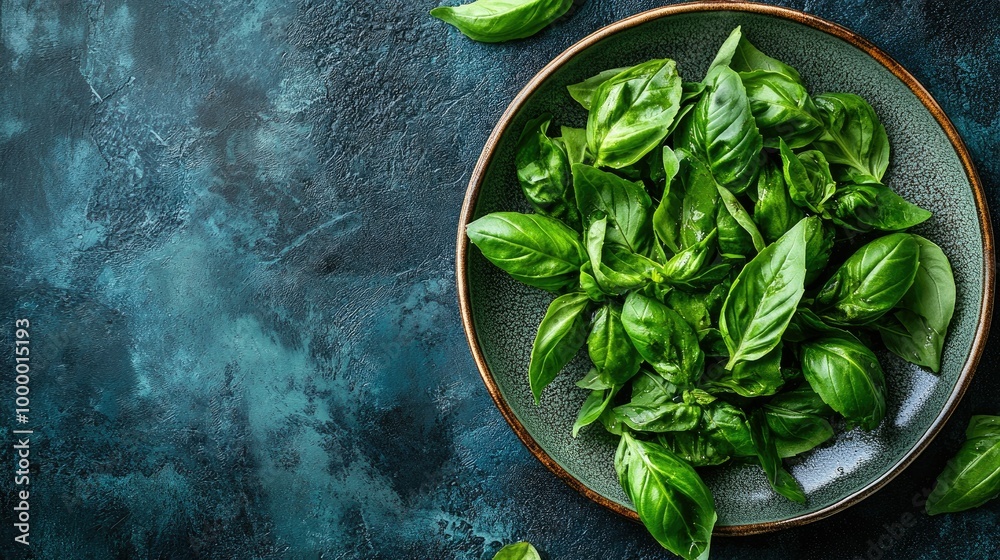 Obraz premium A top view of crispy fried basil leaves scattered on a plate, with space around for adding text.