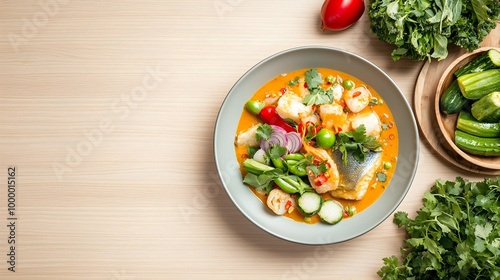 Gaeng Som Sour Curry with Fish - Exquisite Thai Cuisine Photography Featuring Spicy Curry Fresh Vegetables and Traditional Flavors in Ultra Realistic 8K Resolution