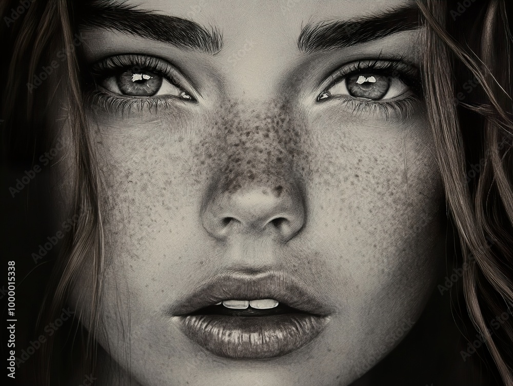 Intense Gaze: A Realistic Black and White Portrait of a Woman Intense Gaze: A Realistic Black and White Portrait of a Woman