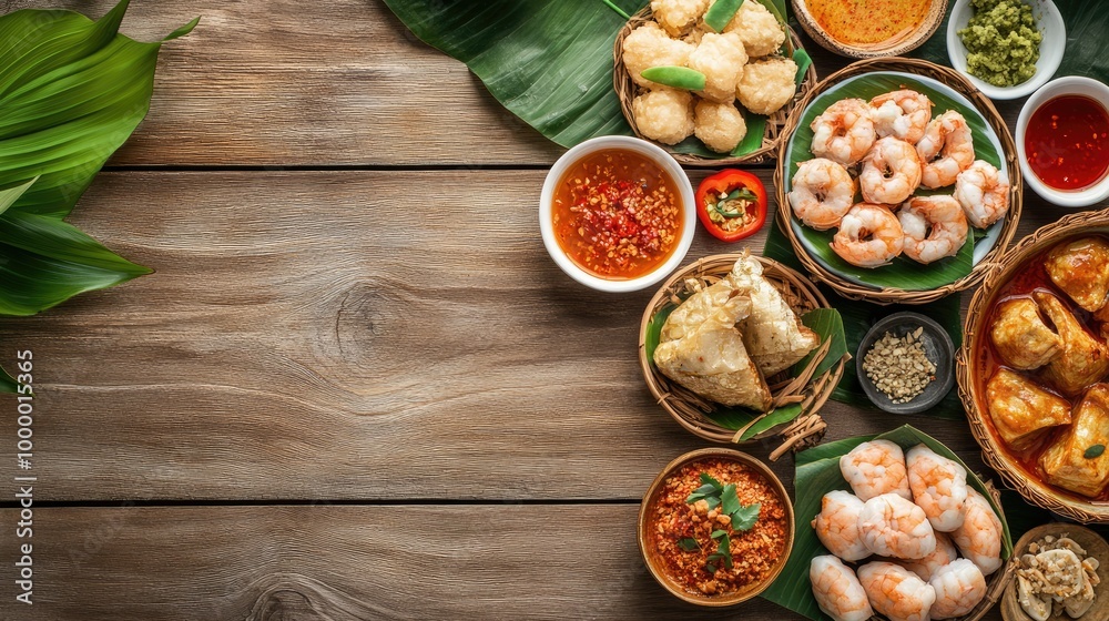 A top view of Thai dessert offerings on a wooden table, featuring ample clear space for text around the dishes. A top view of Thai dessert offerings on a wooden table, featuring ample clear space for text around the dishes.