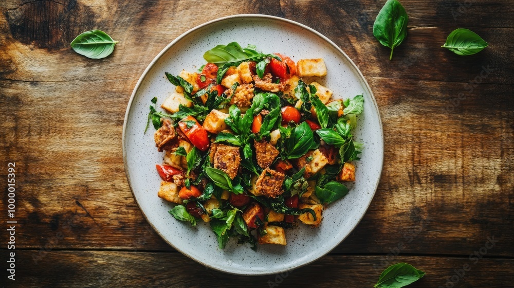A top-down view of a gourmet dish topped with crispy fried basil, leaving room around the plate for text. A top-down view of a gourmet dish topped with crispy fried basil, leaving room around the plate for text.