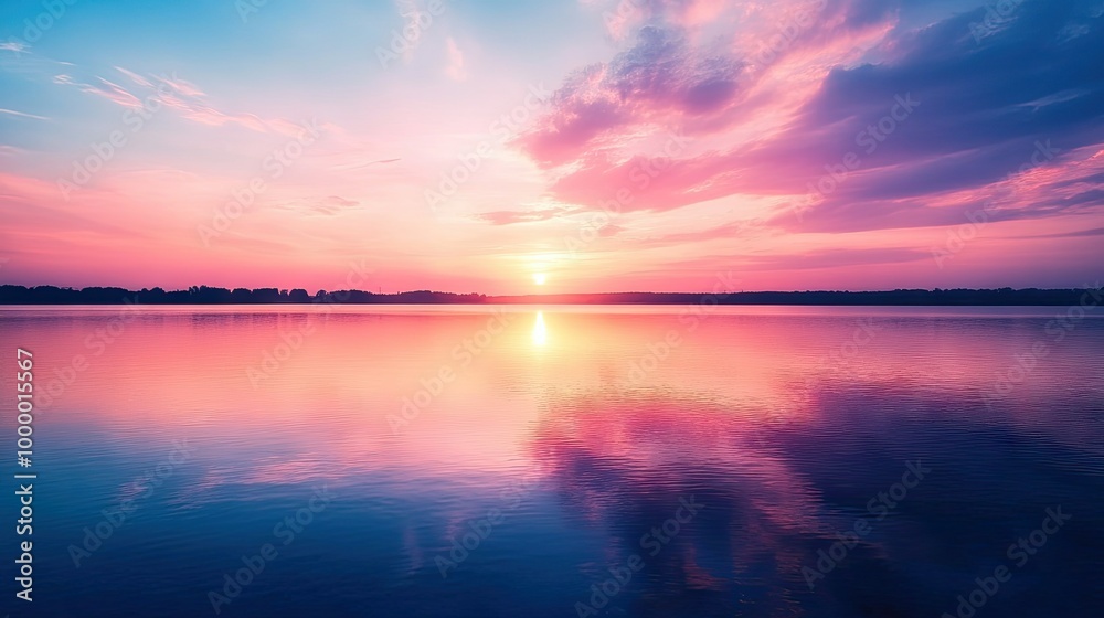 Fototapeta premium A tranquil lake reflecting the colors of the sunrise, with space above the horizon for adding text.