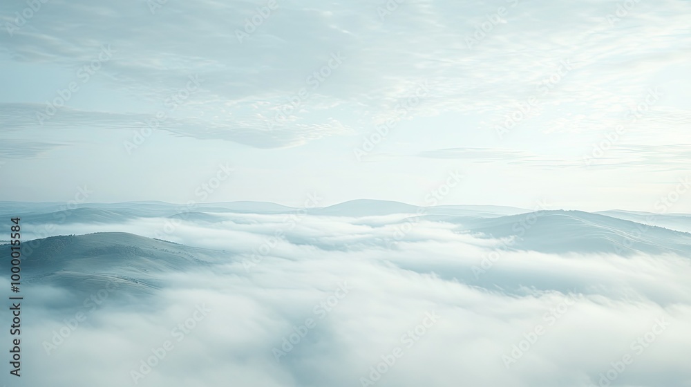 A tranquil landscape covered in a thick sea of fog with rolling hills in the distance, providing ample open space for text. A tranquil landscape covered in a thick sea of fog with rolling hills in the distance, providing ample open space for text.