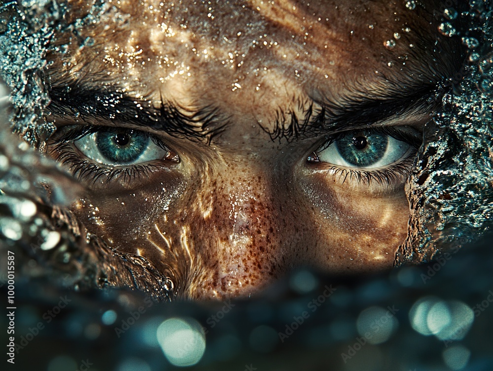 Intense Gaze Through Water: A Close-Up Portrait Intense Gaze Through Water: A Close-Up Portrait