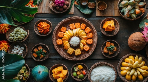 A traditional Thai dessert spread with fruit and coconut-based sweets, leaving a large area around for adding text.