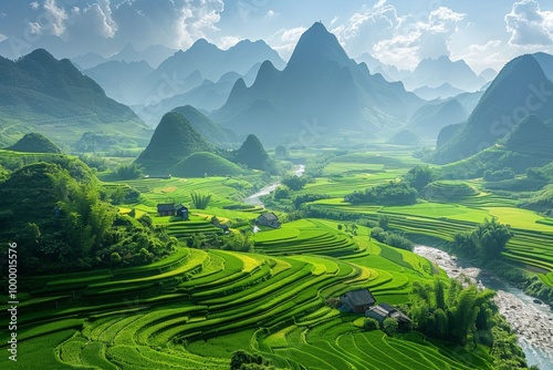 Masterpiece of Guilin Landscape: Rice Fields, Small Villages, and Mountain Peaks. Award-Winning Photography in National Geographic Style.