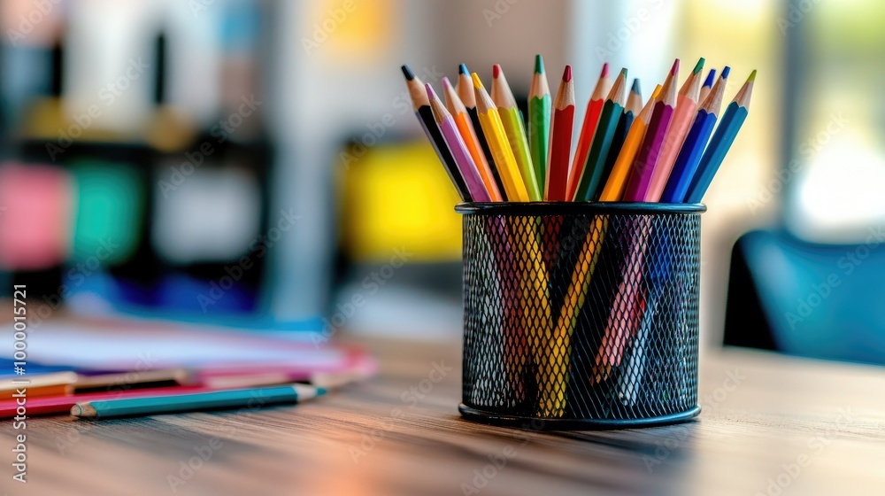 A vibrant collection of colored pencils in a pencil holder on a desk, with clean space around for adding text. A vibrant collection of colored pencils in a pencil holder on a desk, with clean space around for adding text.
