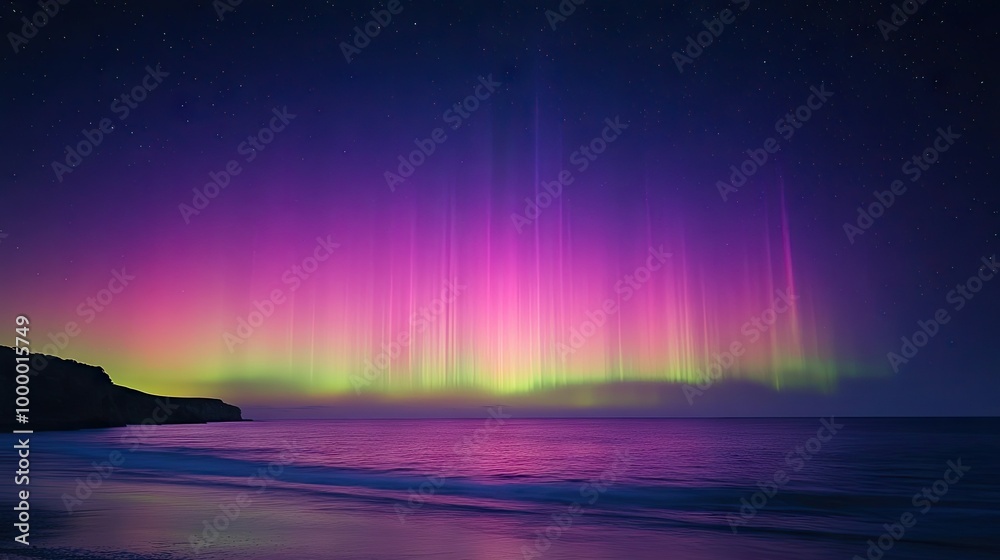 Obraz premium A vibrant display of Aurora Australis with an empty coastline and open sky for adding text.