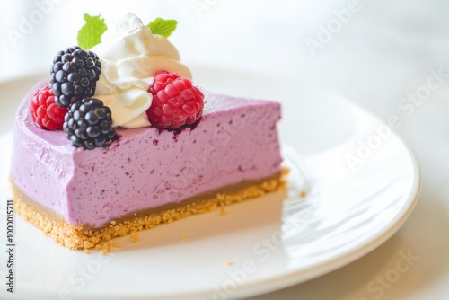 ube cheesecake slice, featuring a rich purple filling on a graham cracker crust