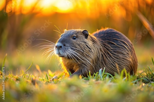 Invasive nutria foraging at dawn