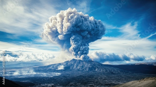 A volcanic eruption seen from a safe distance, with ash plumes and a clear horizon for copy placement.