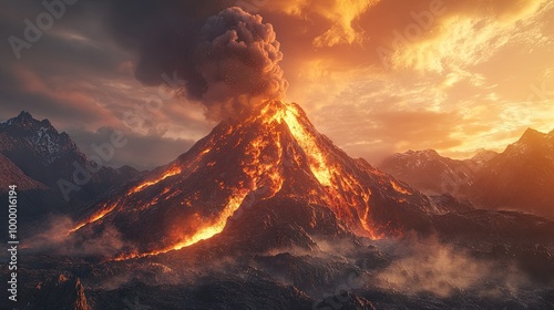 A volcano erupting with molten rock and ash clouds, and a clear, smoky sky for copy.