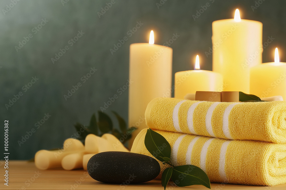 array of candles, yellow towels and spa tools against an isolated background array of candles, yellow towels and spa tools against an isolated background