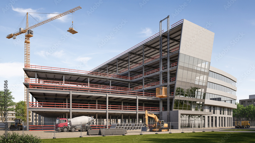 Naklejka premium construction site with crane. 3D rendering
