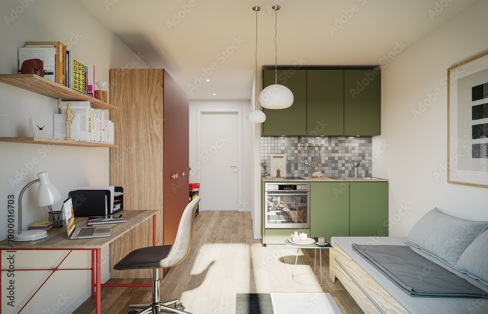 Modern student apartment interior. 3D Rendering. Modern student apartment interior. 3D Rendering.