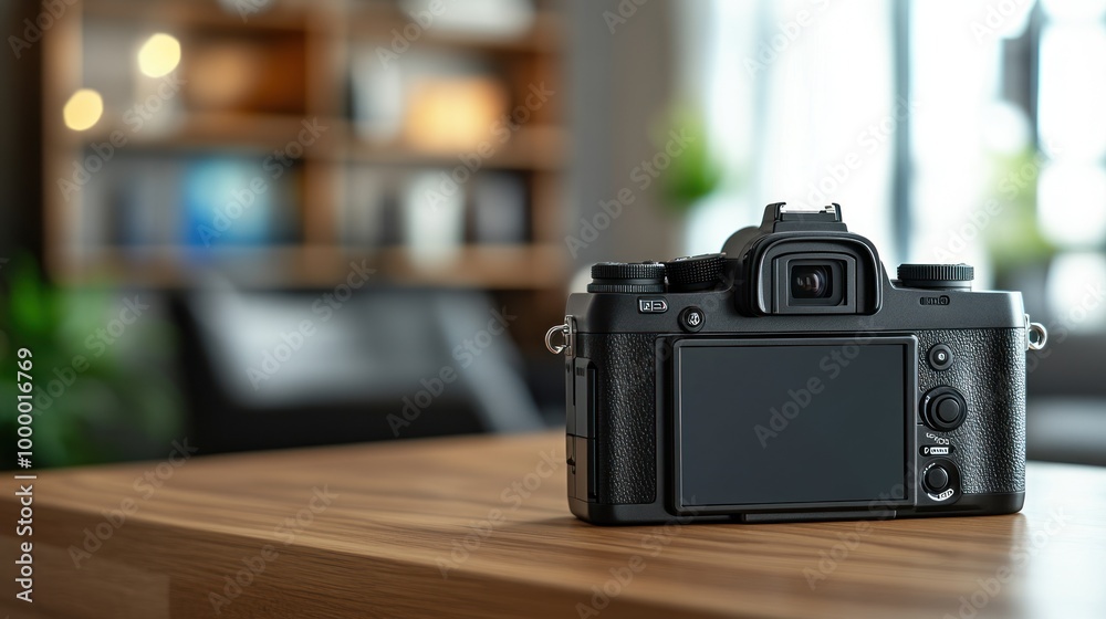 A camera sits on a wooden table, ready for photography in a cozy interior setting. A camera sits on a wooden table, ready for photography in a cozy interior setting.