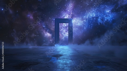 Mystical Gateway Amidst Starry Sky and Cosmic Clouds
