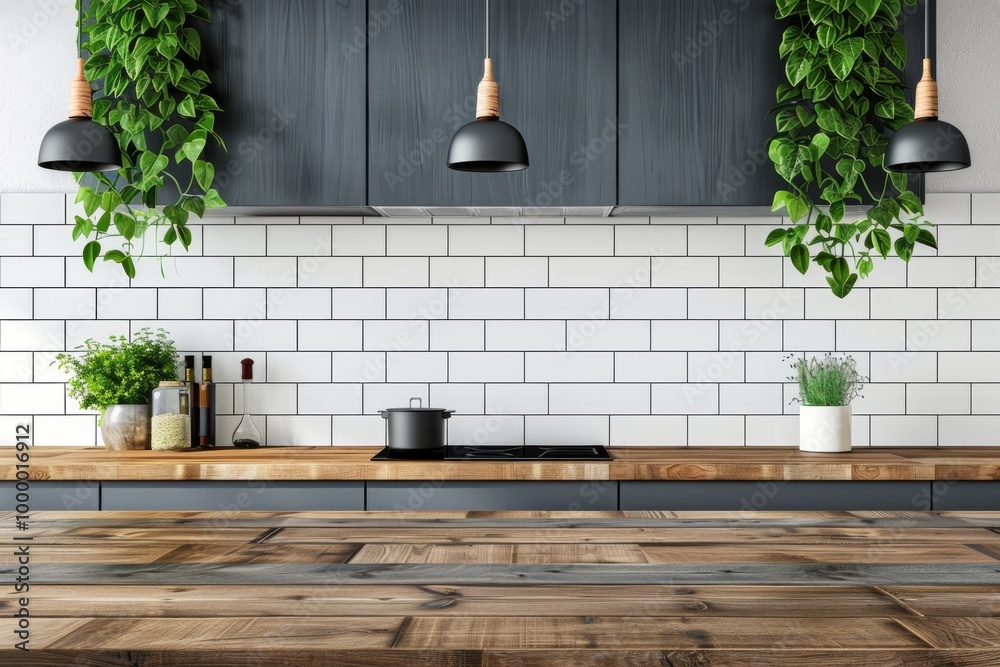 Modern Kitchen with White Subway Tiles, Dark Blue Cabinets, and Wood Countertop. Close-Up of Backsplash and Pendant Lighting. Modern Kitchen with White Subway Tiles, Dark Blue Cabinets, and Wood Countertop. Close-Up of Backsplash and Pendant Lighting.