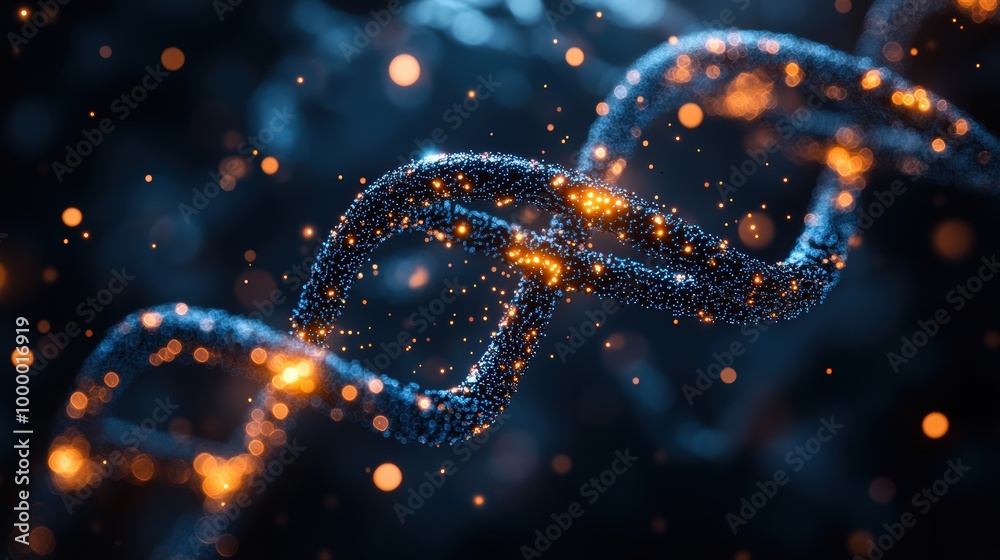 Blue and orange DNA on dark background with bokeh effect Blue and orange DNA on dark background with bokeh effect