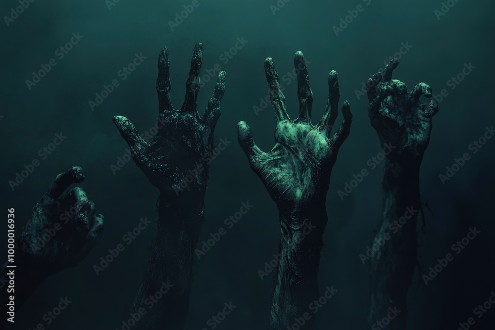 Zombie hands rising in dark Halloween night - Zombie hands rising in dark Halloween night -