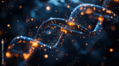 Blue and orange DNA on dark background with bokeh effect