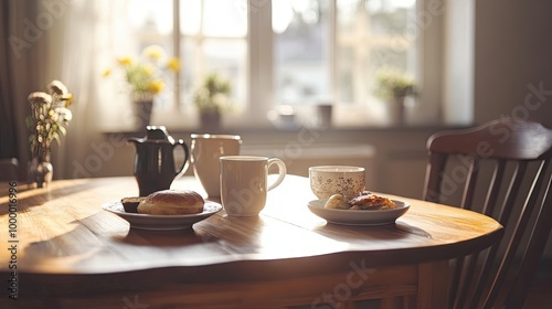 Wallpaper Mural A wooden table set for a cozy breakfast, with a bright window view and room for copy in the background. Torontodigital.ca