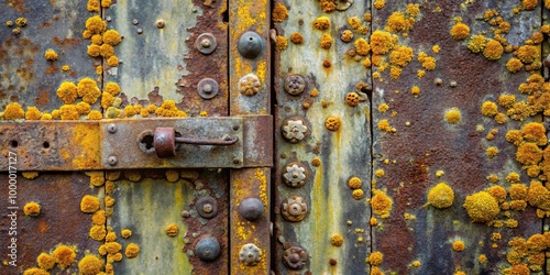 Iron door detail with rust fungus and yellow lichen from a worm's eye view photo