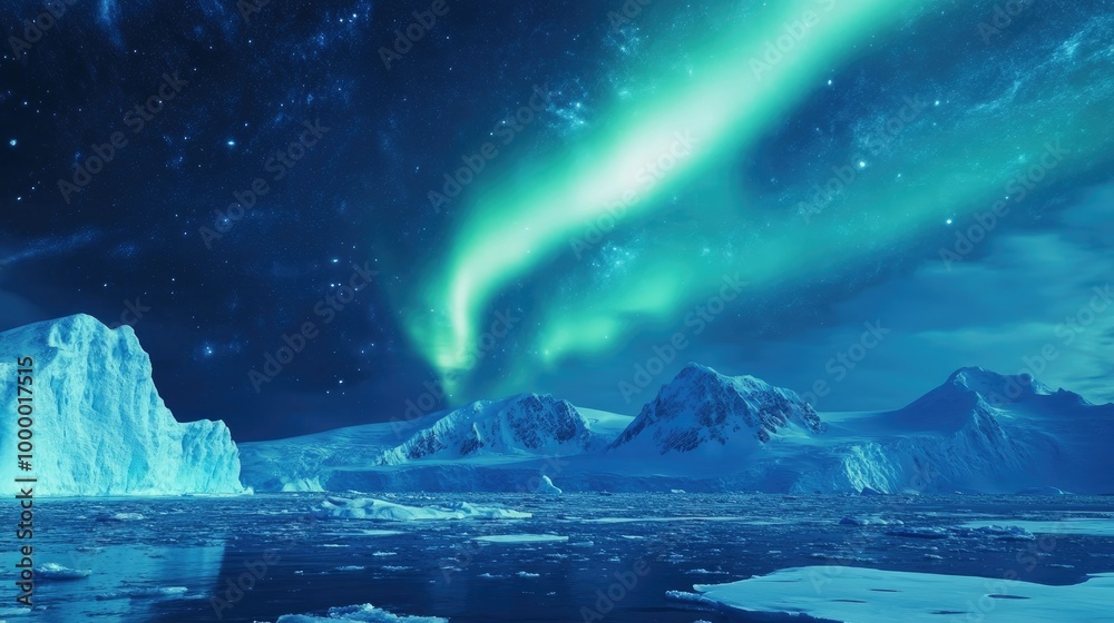 Naklejka premium Aurora Australis lighting up a vast Antarctic sky with ample space for text in the lower sky. -