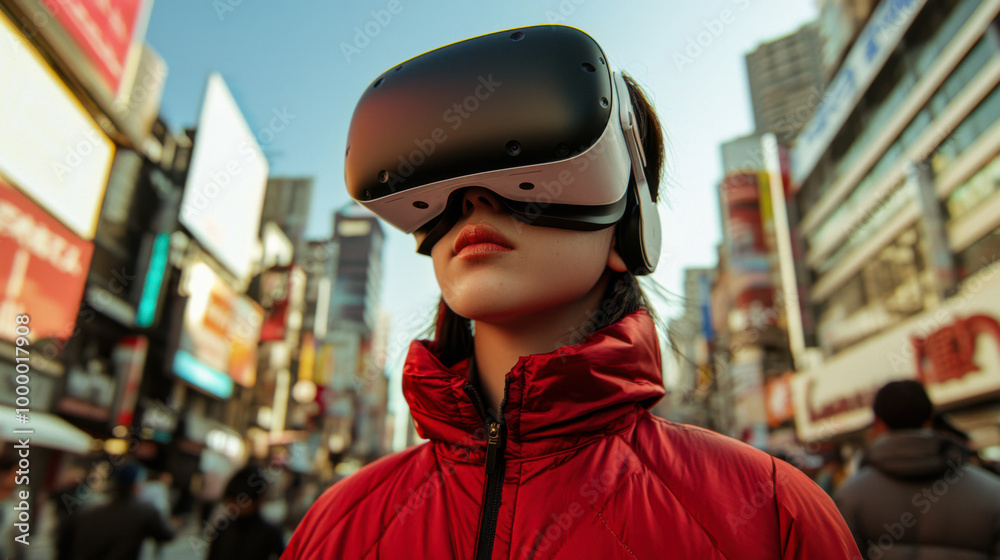 Woman in VR headset explores a bustling city. Woman in VR headset explores a bustling city.