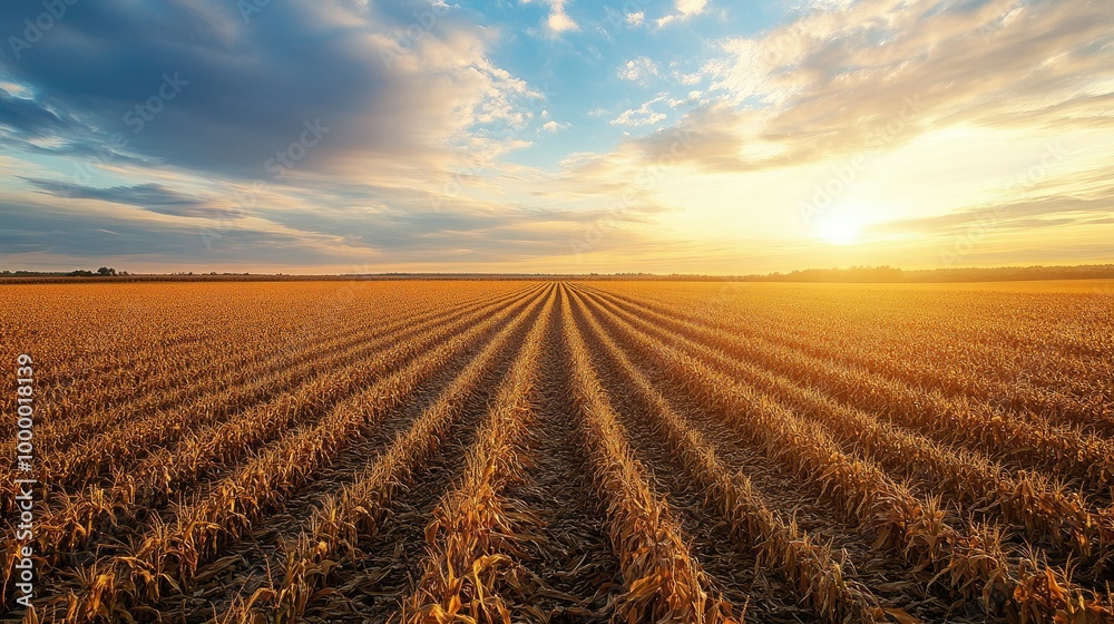 Rows of corn stalks in a golden field during harvest season, with a vast sky area for adding text. Rows of corn stalks in a golden field during harvest season, with a vast sky area for adding text.