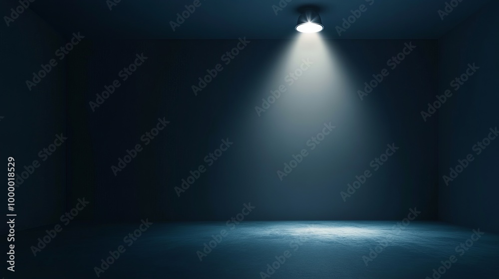 A 3D ceiling lamp spotlight illuminating a dark room A 3D ceiling lamp spotlight illuminating a dark room
