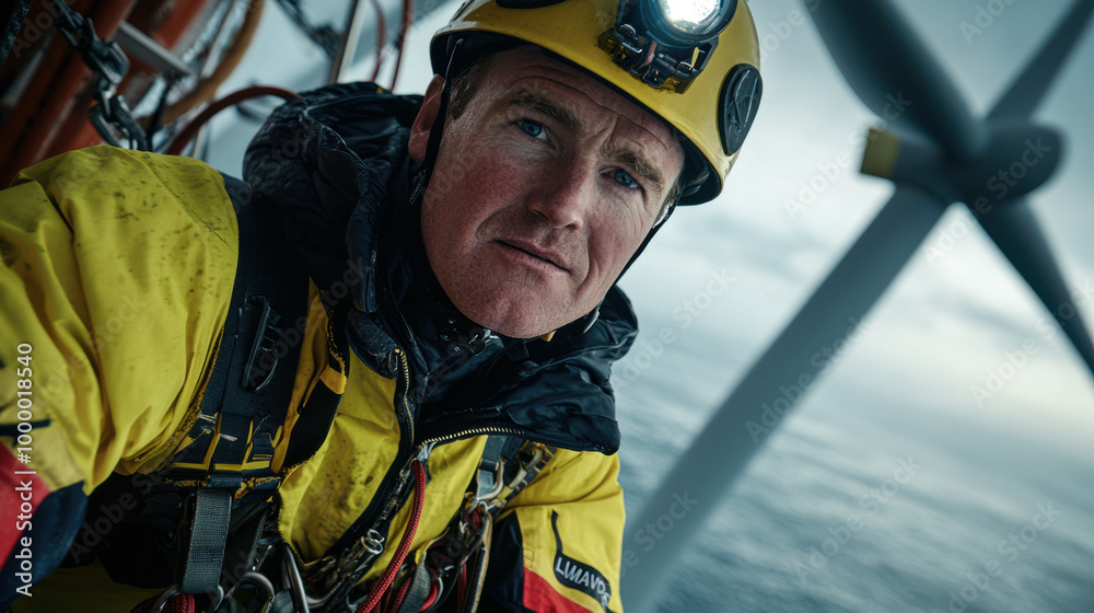 Close-up of wind turbine worker in safety gear. Close-up of wind turbine worker in safety gear.