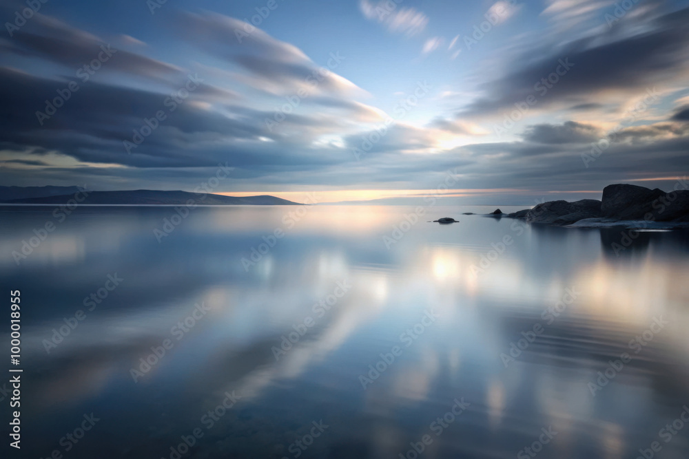 A tranquil evening at the shore reveals vibrant reflections of clouds on the calm waters under a twilight sky. Generative AI A tranquil evening at the shore reveals vibrant reflections of clouds on the calm waters under a twilight sky. Generative AI