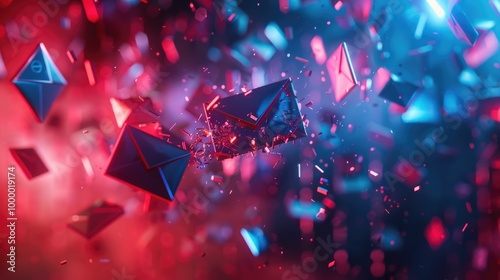 Shattering Ethereum Logo with Explosive Particles on Dynamic Red and Blue Background