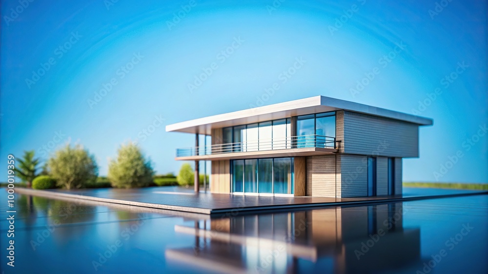 Isolated modern building in a miniature scene with blue background Isolated modern building in a miniature scene with blue background