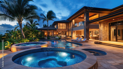 the backyard with an outdoor pool and hot tub at night in Hawaii, a luxury mansion with large windows, beige stone walls, modern furniture, a stone patio photo