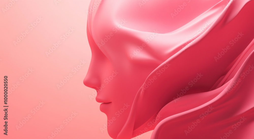 female face made from pink silk fabric, with copy space concept, on a solid gradient background female face made from pink silk fabric, with copy space concept, on a solid gradient background