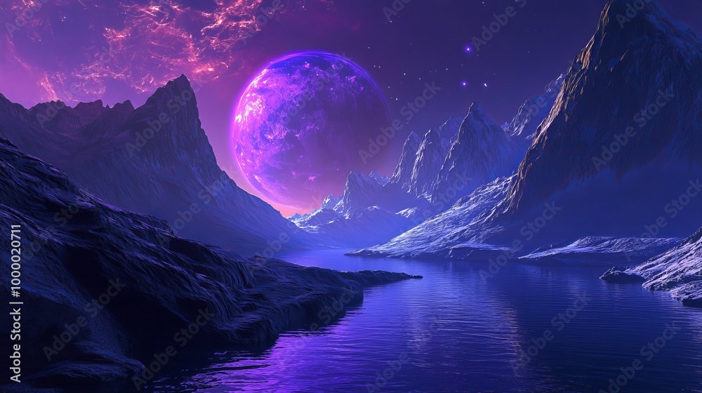 A futuristic, sci-fi landscape featuring a neon-lit cold planet, galaxy, and reflective water, with a space portal illuminated by neon light. 3D rendering A futuristic, sci-fi landscape featuring a neon-lit cold planet, galaxy, and reflective water, with a space portal illuminated by neon light. 3D rendering